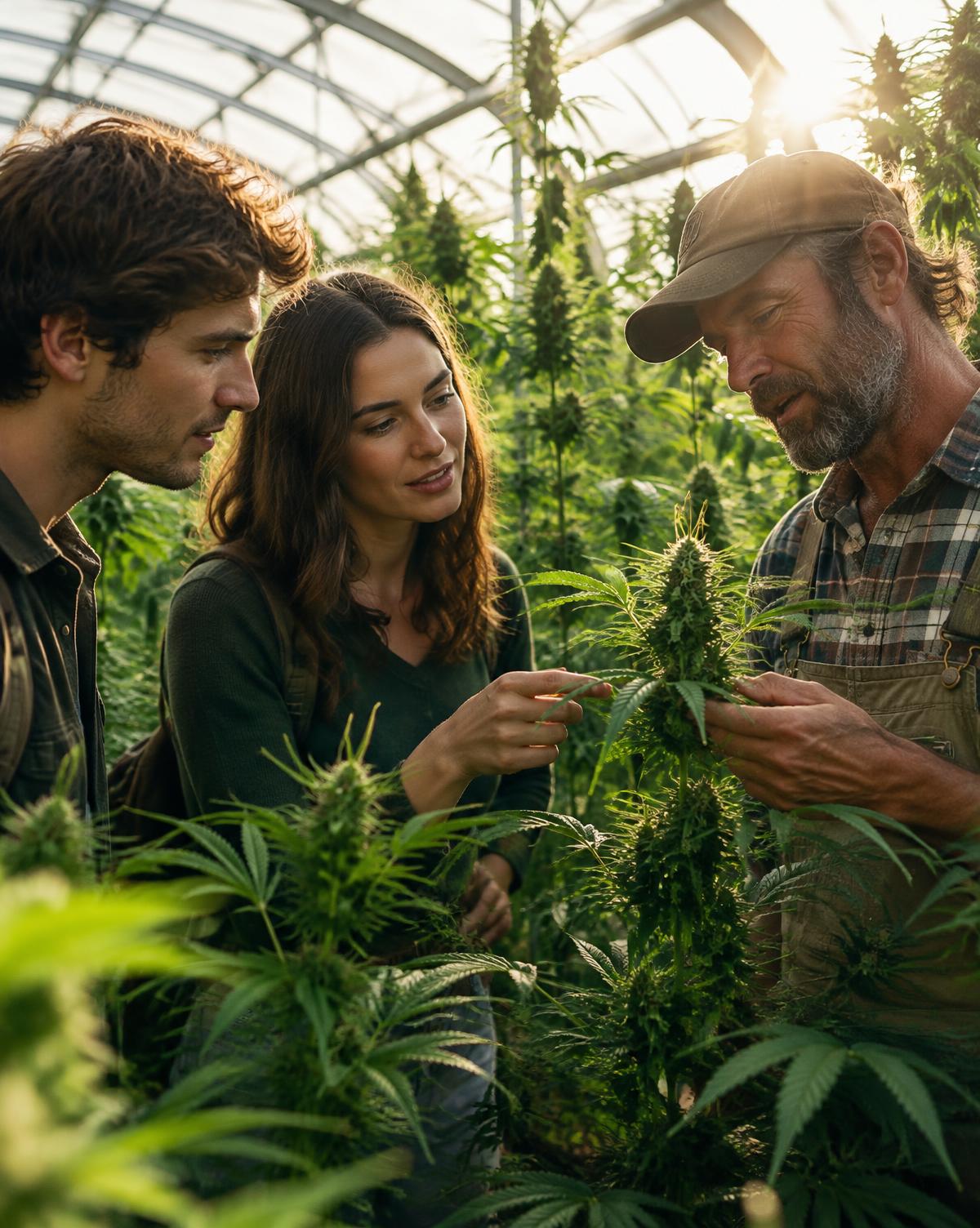 Échange avec un producteur au milieu des plantes
